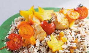 Rice with chicken in a frying pan