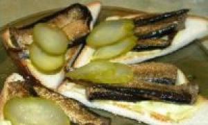 Smörgåsar med skarpsill och pickles, en enkel och aptitretande aptitretare Rostat bröd med skarpsill och pickles