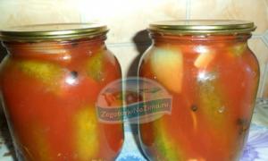 Cucumbers in tomato juice for the winter, awesome recipe